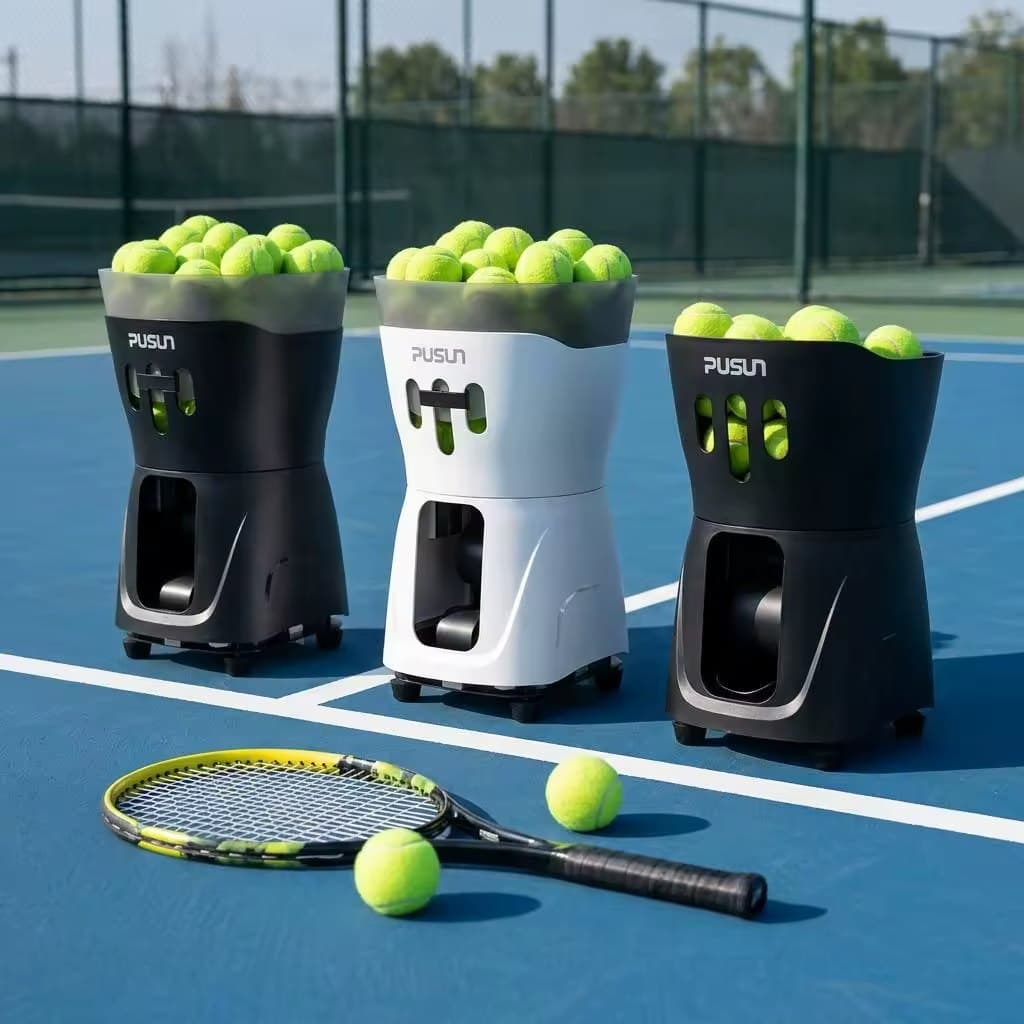 Pusun ball machines set up on a tennis court with a racket and balls
