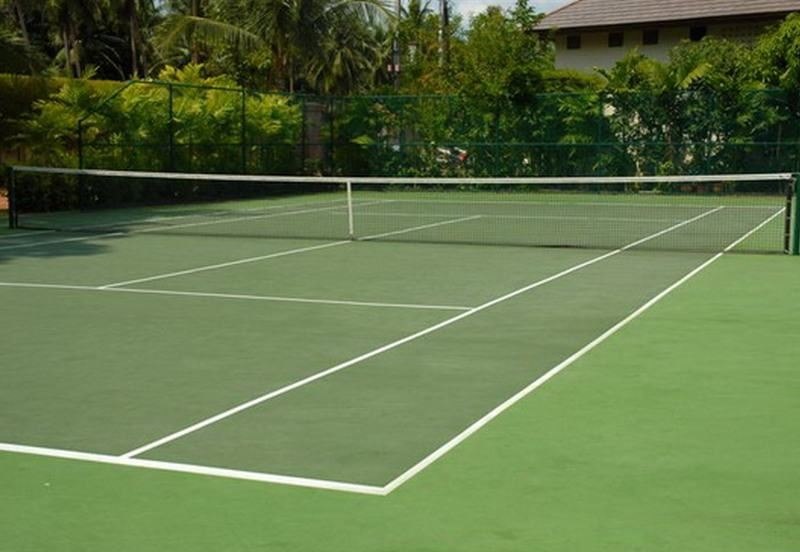 The villa's full-size hard court, fenced and surrounded by palms